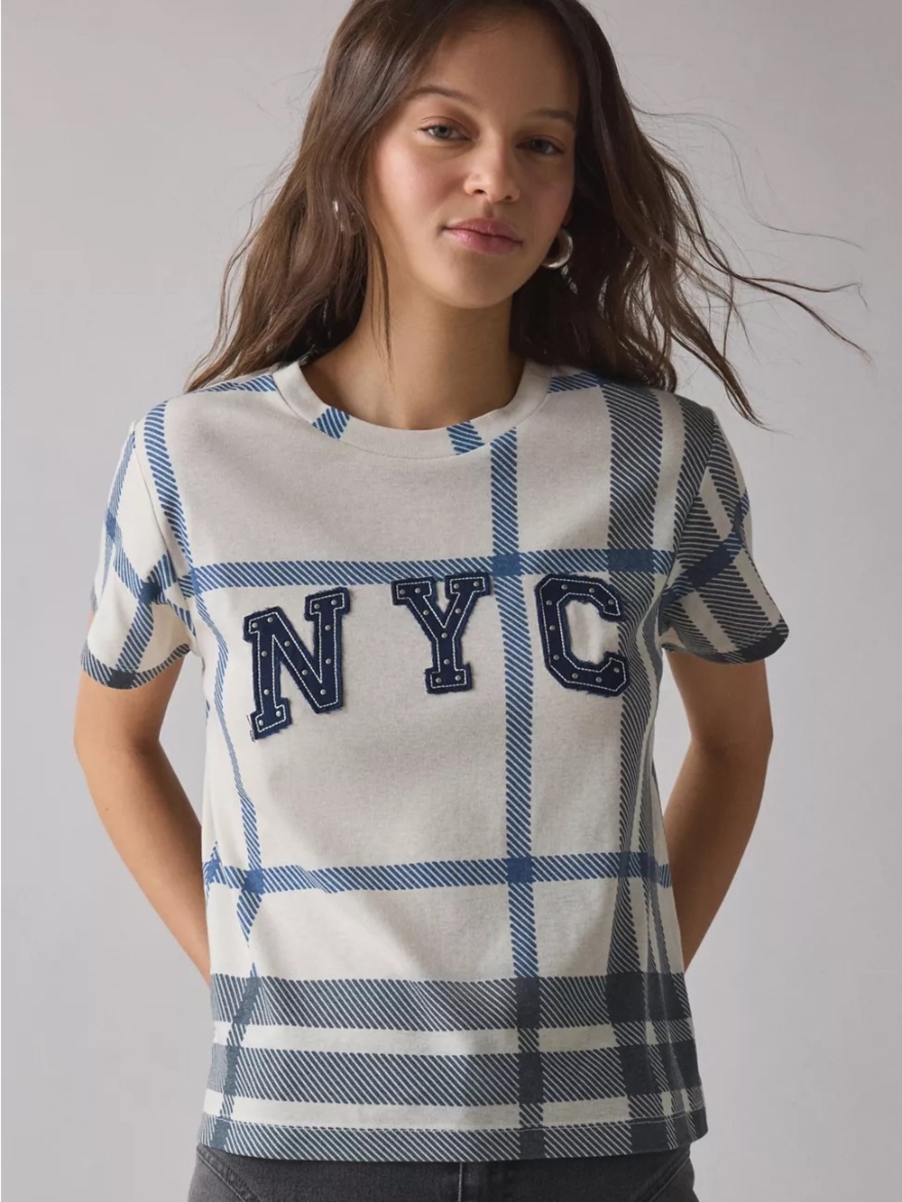 Urban Outfitters Plaid 'NYC' Short Sleeve Knit Top - Blue & White